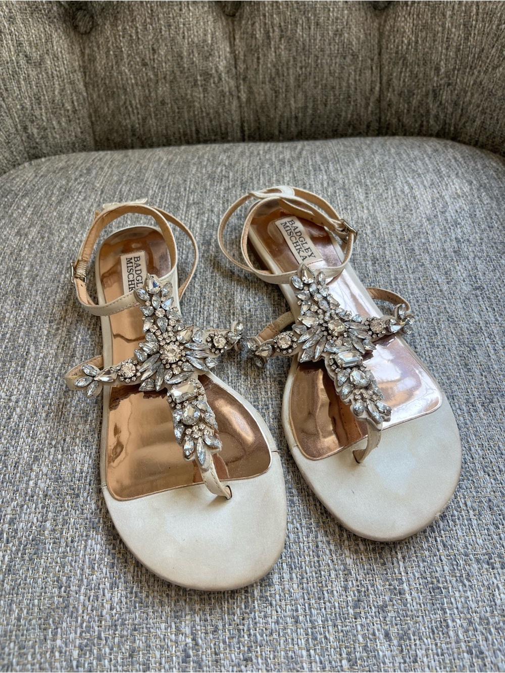 Badgley Mischka Ivory Jeweled T-Strap Sandals with Crystal Accents